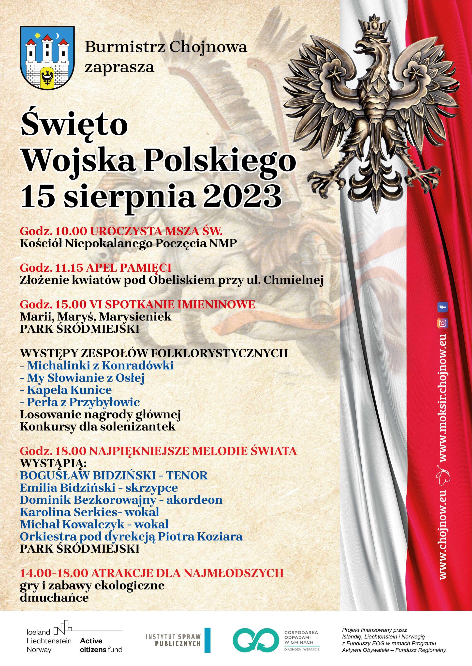 plakat z treścią dot. imprezy. Orzeł i flaga Polski